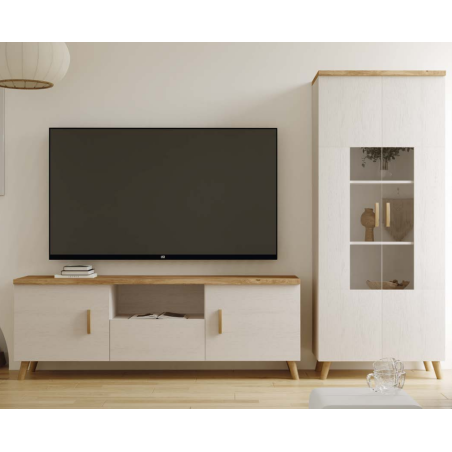 Pack Comedor Alaska Este conjunto incluye: Bajo Tv + 4 patas y Vitrina